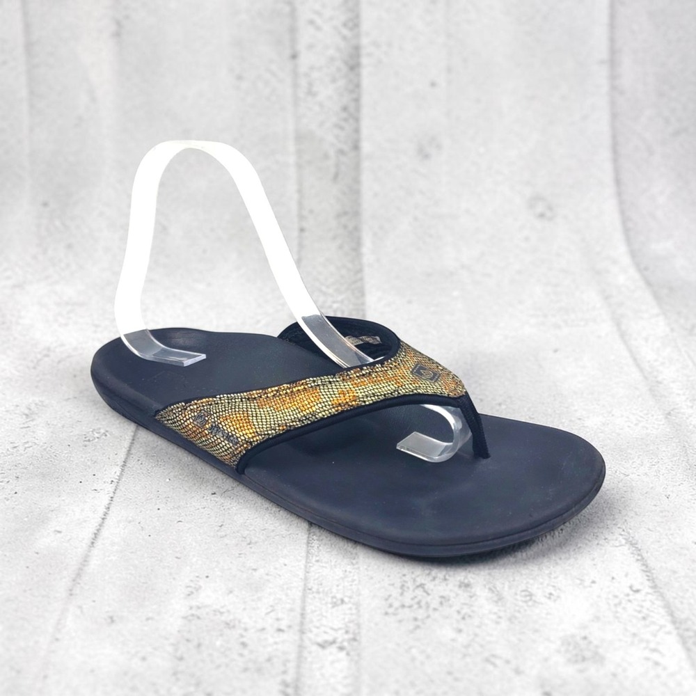 Spenco Womens 8 Black Gold Metallic Snake Print Orthotic Flip Flop Sandals